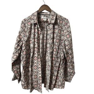 Foxcroft Top Button Up Shirt Womens 18W Blue Red Print‎ Wrinkle Free Workwear